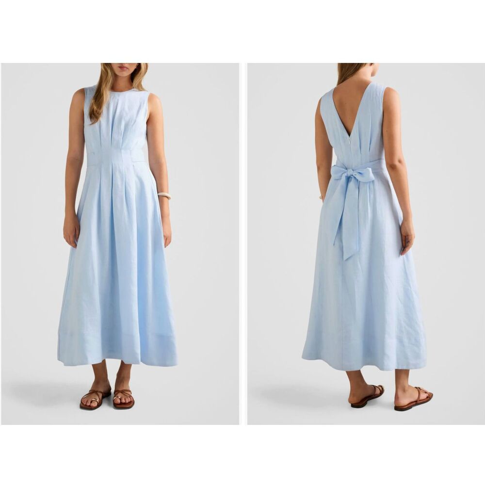 Ever New Rosie Tuck Detail Sleeveless Linen Dress in Bluebell Size 10 New